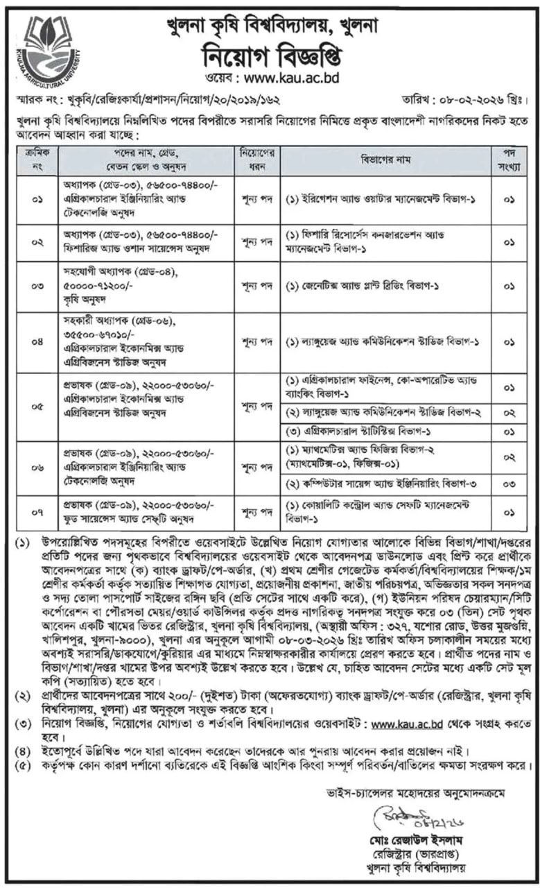 Job circular details page 1 for Khulna Agricultural University Job Circular 2026