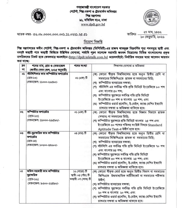 Job circular details page 1 for পেটেন্ট, শিল্প-নকশা ও ট্রেডমার্কস অধিদপ্তর (DPDT) নিয়োগ বিজ্ঞপ্তি ২০২৬ | DPDT Job Circular 2026