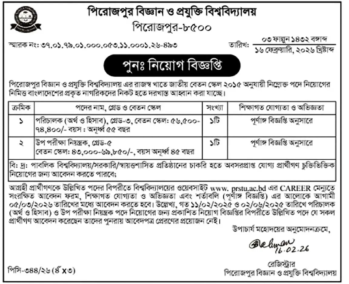Job circular details page 1 for পিরোজপুর বিজ্ঞান ও প্রযুক্তি বিশ্ববিদ্যালয় নিয়োগ বিজ্ঞপ্তি ২০২৬ | PRSTU Job Circular 2026