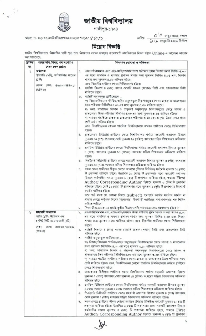 Job circular details page 1 for জাতীয় বিশ্ববিদ্যালয় নিয়োগ বিজ্ঞপ্তি ২০২৬ | National University (NU) Job Circular 2026