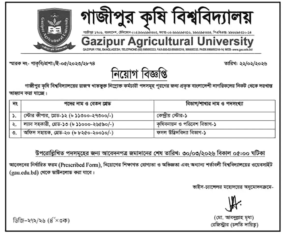 Job circular details page 1 for গাজীপুর কৃষি বিশ্ববিদ্যালয় নিয়োগ বিজ্ঞপ্তি ২০২৬ | Gazipur Agricultural University (GAU) Job Circular 2026