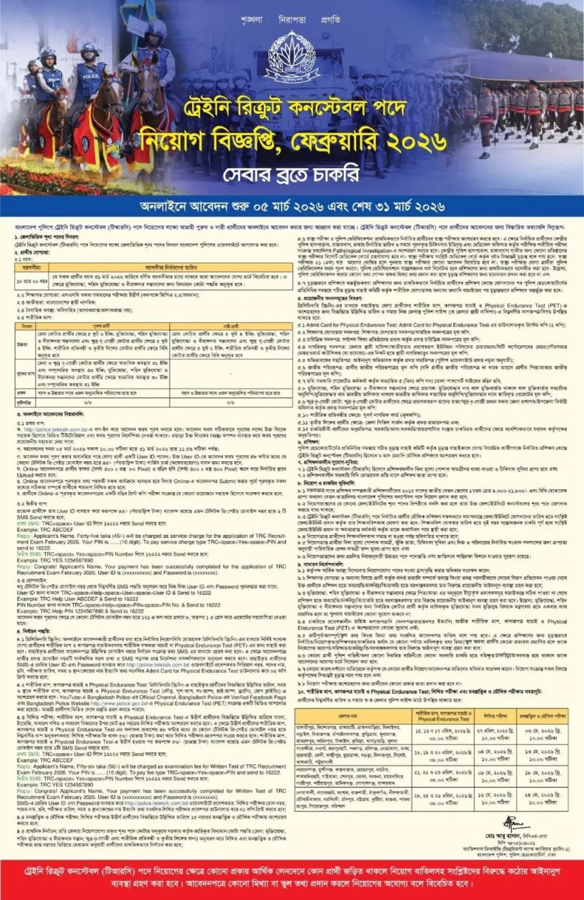 Job circular details page 1 for বাংলাদেশ পুলিশ ট্রেইনি রিক্রুট কনস্টেবল (TRC) নিয়োগ বিজ্ঞপ্তি ২০২৬ | Police Constable Job Circular 2026