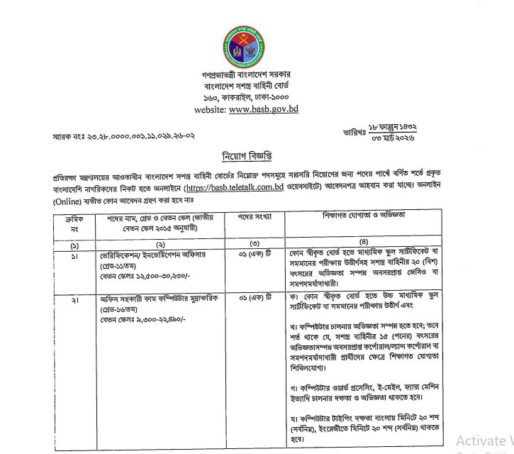 Job circular details page 1 for বাংলাদেশ সশস্ত্র বাহিনী বোর্ড (BASB) নিয়োগ বিজ্ঞপ্তি ২০২৬
