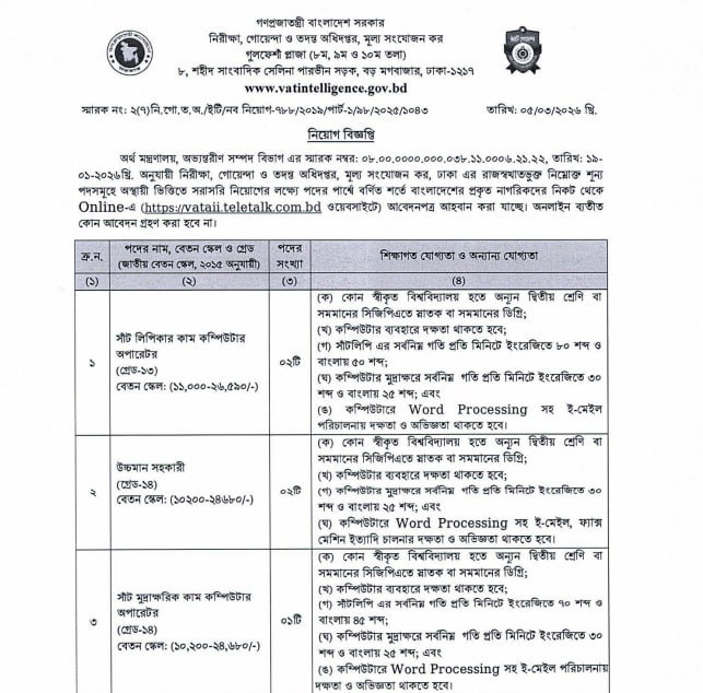 Job circular details page 1 for ভ্যাট গোয়েন্দা ও তদন্ত অধিদপ্তরে বিশাল নিয়োগ বিজ্ঞপ্তি ২০২৬