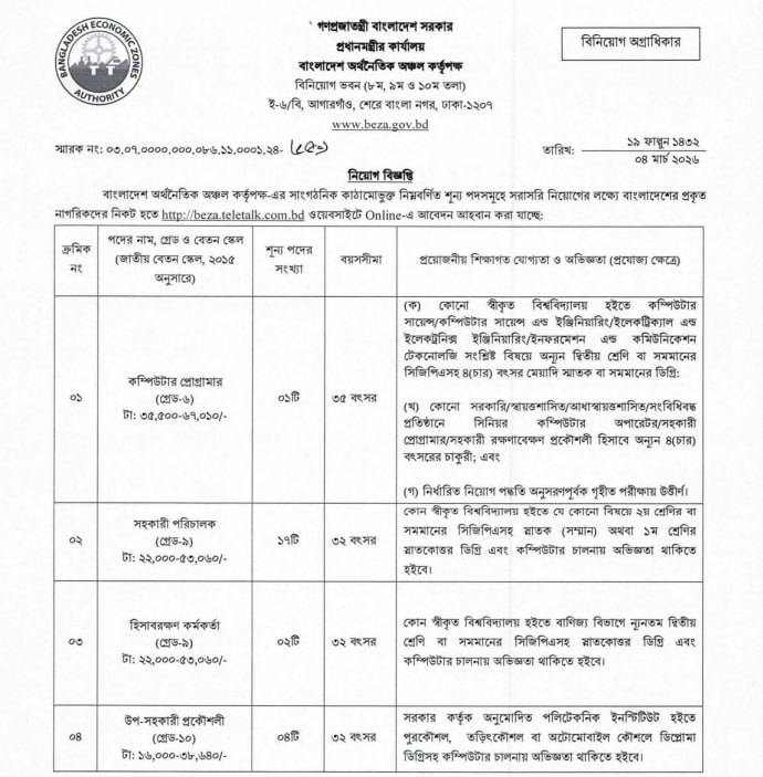Job circular details page 1 for বাংলাদেশ অর্থনৈতিক অঞ্চল কর্তৃপক্ষ (BEZA) নিয়োগ বিজ্ঞপ্তি ২০২৬