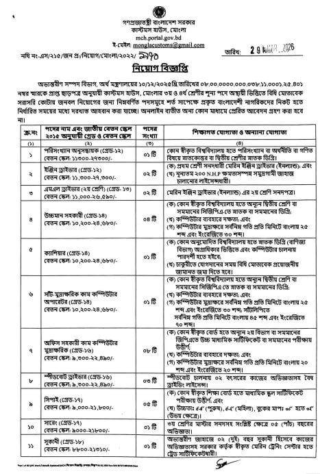 Job circular details page 1 for মোংলা কাস্টমস হাউস নিয়োগ বিজ্ঞপ্তি ২০২৬ | Mongla Customs House (MCH) Job Circular 2026